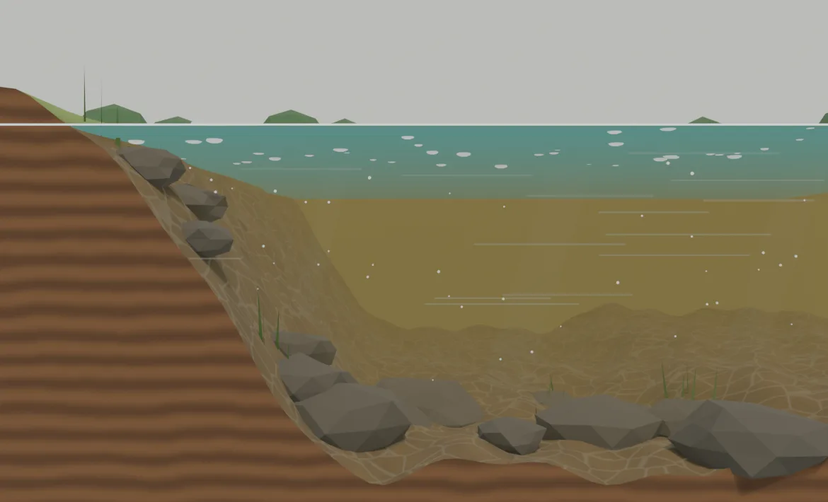 Corte de um grande rio amazônico de água barrenta: barranco com pedras e o jaú-açu no fundo do poço, entre as lajes, de 10 a 30 m de profundidade