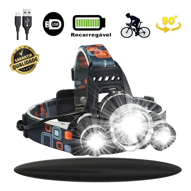 Lanterna de cabeça profissional com 3 LEDs potentes recarregável