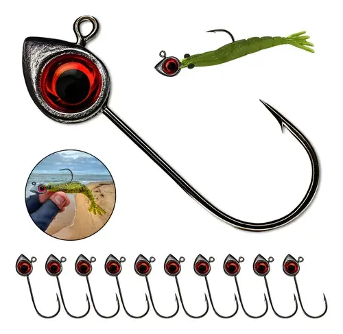 Dez jig heads de chumbo com olho 3D avulso, dentro da embalagem