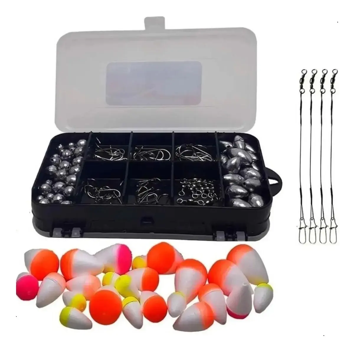 Kit de pesca Summer com estojo aberto, chumbadas, anzóis, giradores, boias coloridas e empates de aço