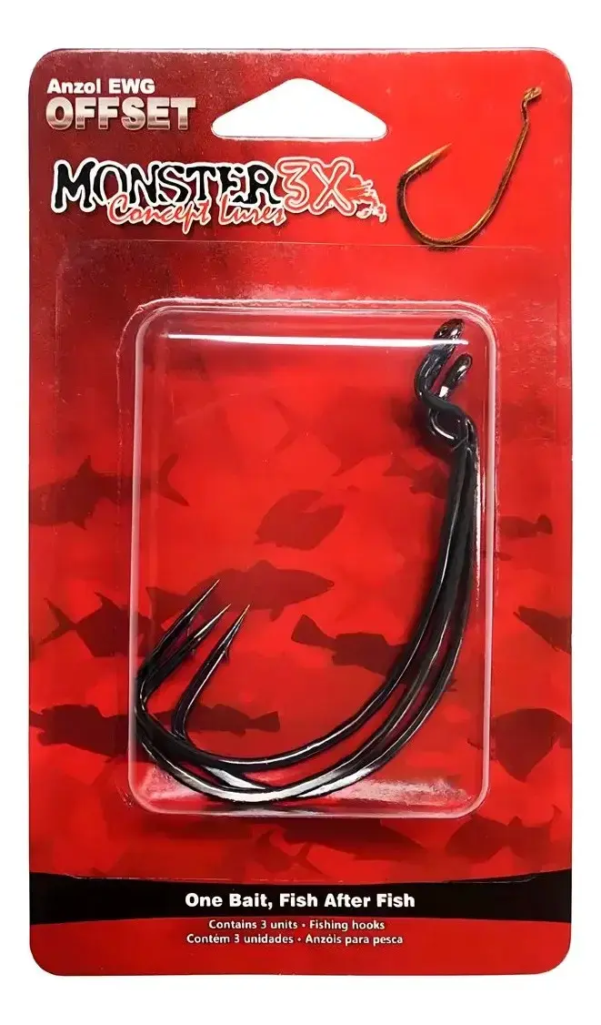 Anzol offset EWG Monster 3X em aço carbono, ponta rente à haste