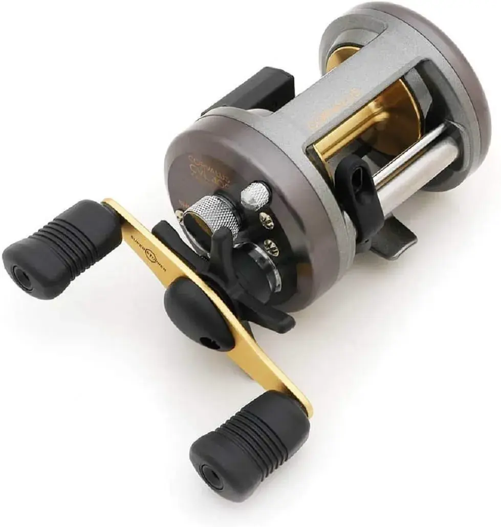 Carretilha Shimano Corvalus 400 de perfil alto, corpo em grafite escuro, vista de lado