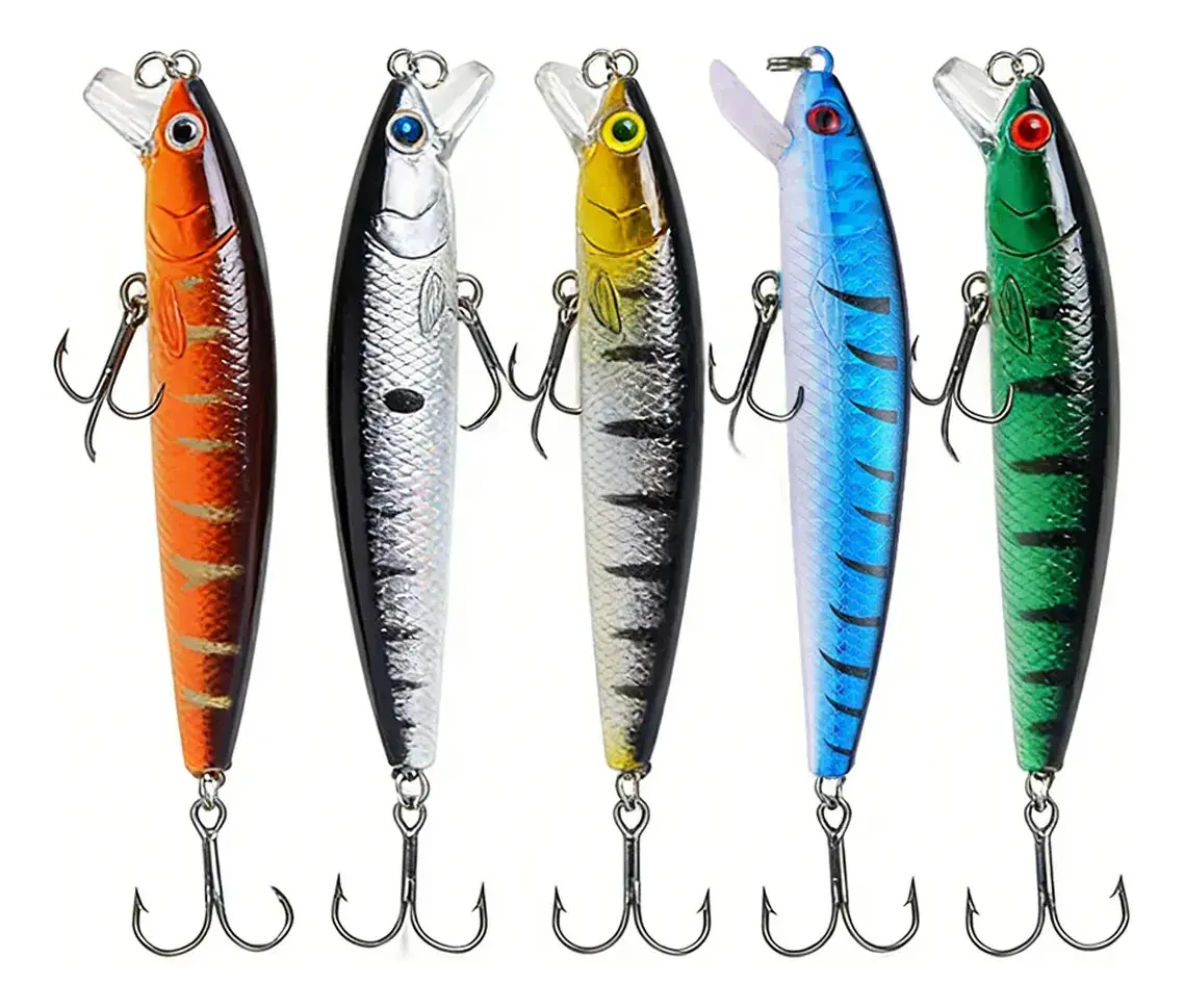 Cinco plugs de meia-água Magileaf Minnow nas cores laranja, prata, dourada, azul e verde, com barbela transparente