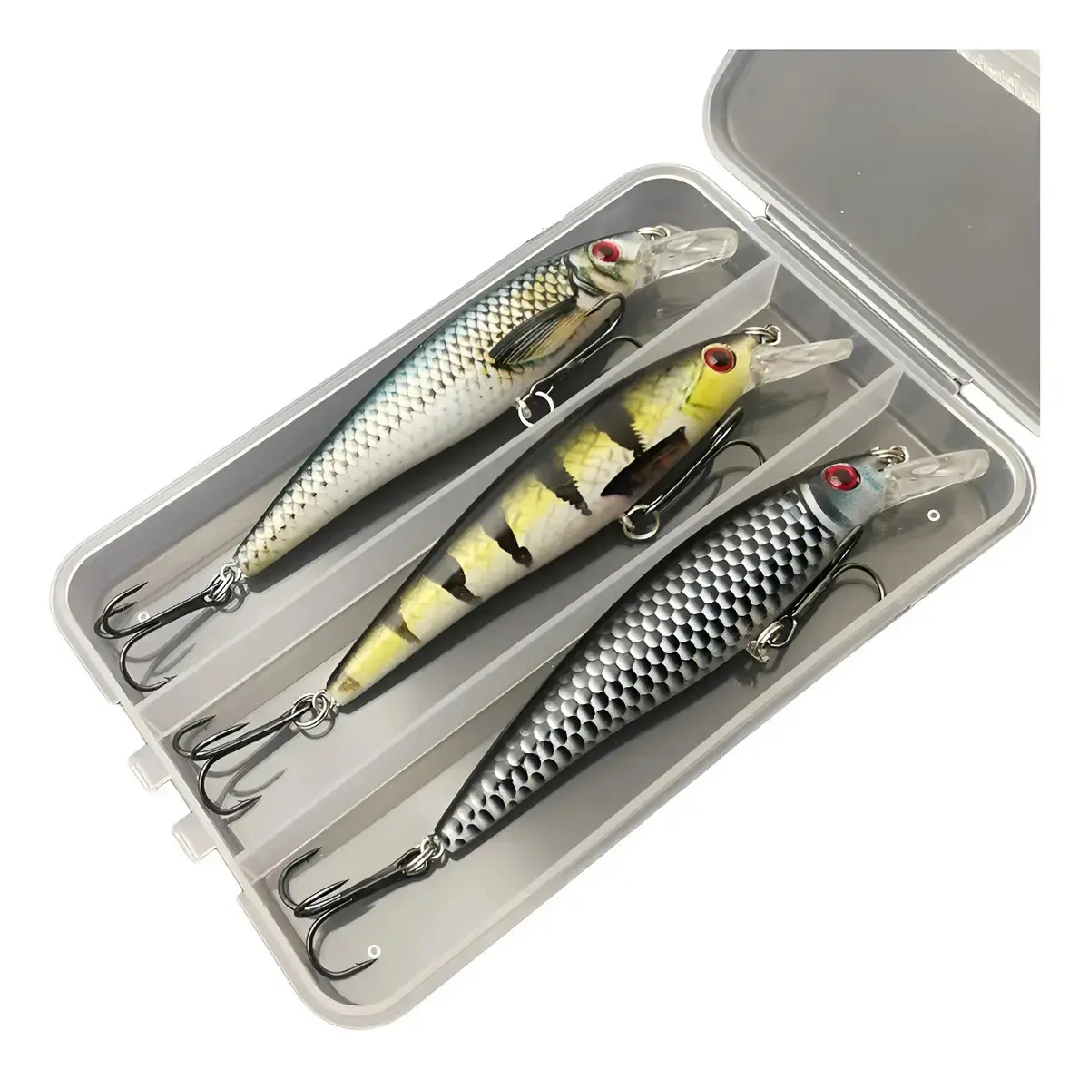 Kit com três plugs de meia-água Aostsoa Minnow com barbela transparente dentro do estojo plástico