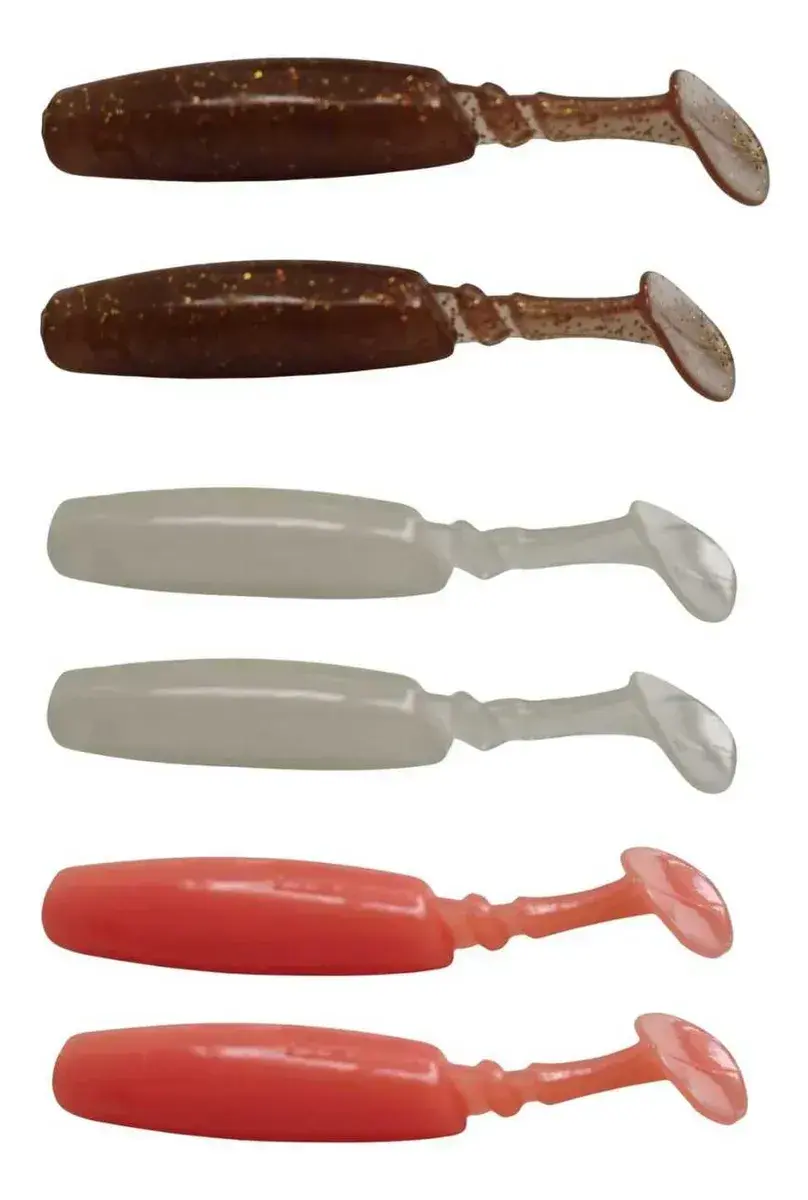 Seis shads de silicone Mini Paddle de 6cm da Chumbada Oficial, com cauda em formato de remo