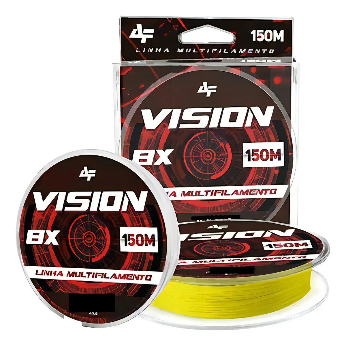 Embalagem e bobina da linha multifilamento Albatroz Vision 8X de 150 metros na cor amarela