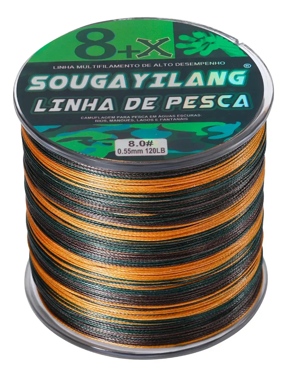 Bobina da linha multifilamento Sougayilang 8 fios com trança camuflada em verde, laranja e preto