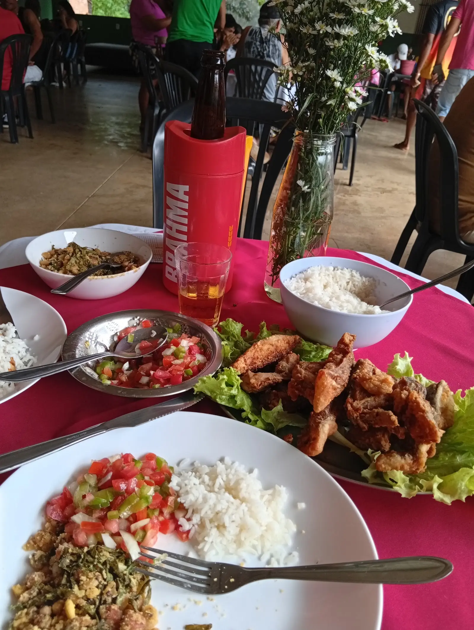 Porção de peixe frito com arroz e vinagrete sobre a mesa do Recanto Nativo
