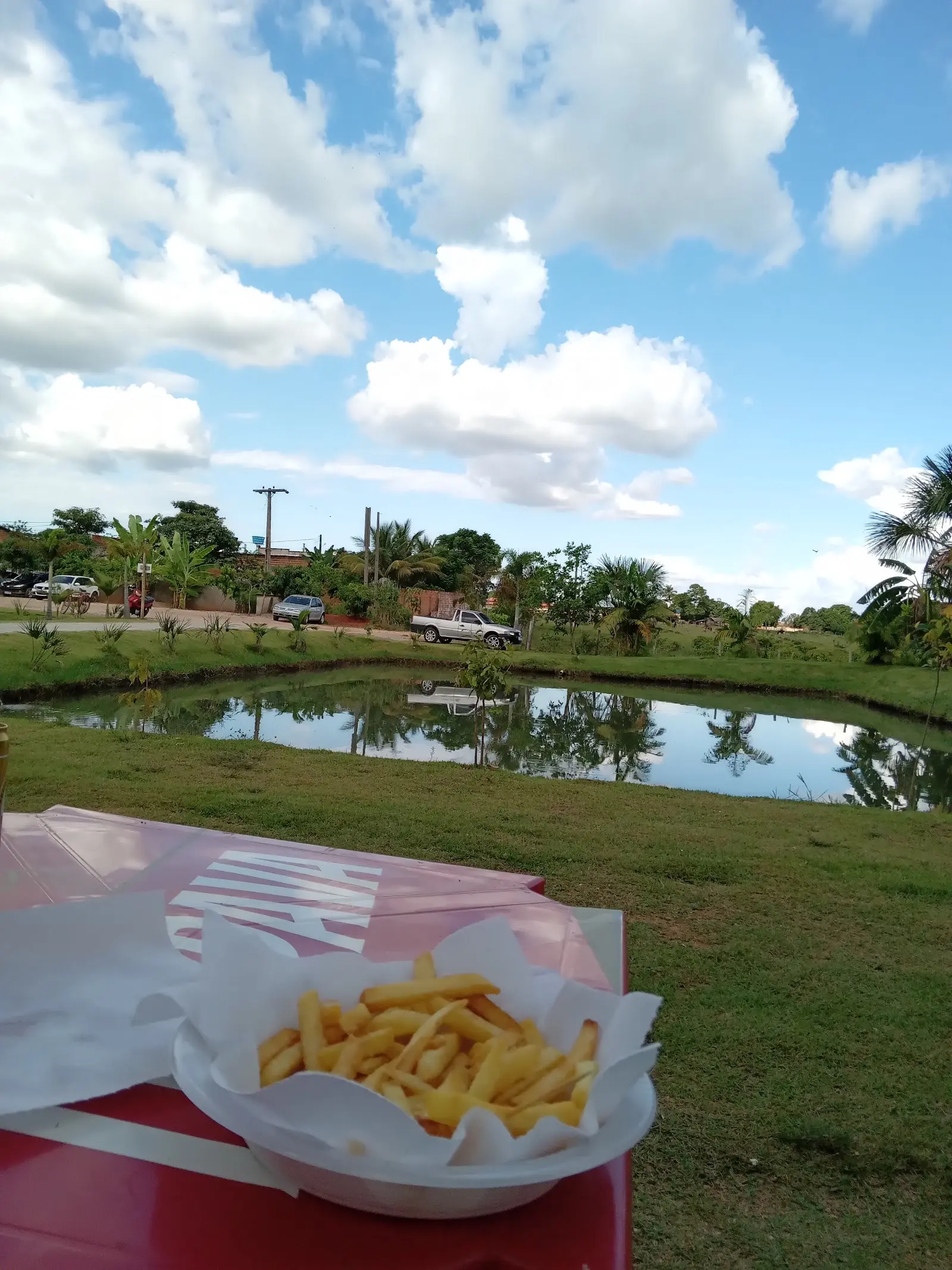Tanque do Pesque Pague Pai e Filho em Campinorte, visto de uma mesa com porção de batata frita