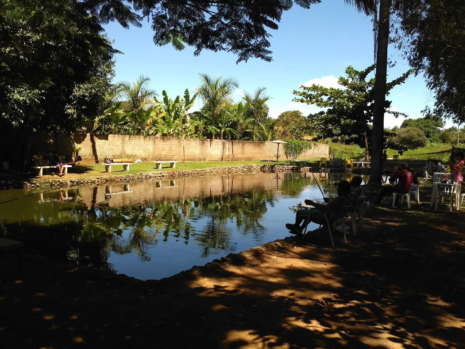 Tanque do Pesque Pague do Dalmir com pescadores sentados na margem sombreada, em Bela Vista de Goiás