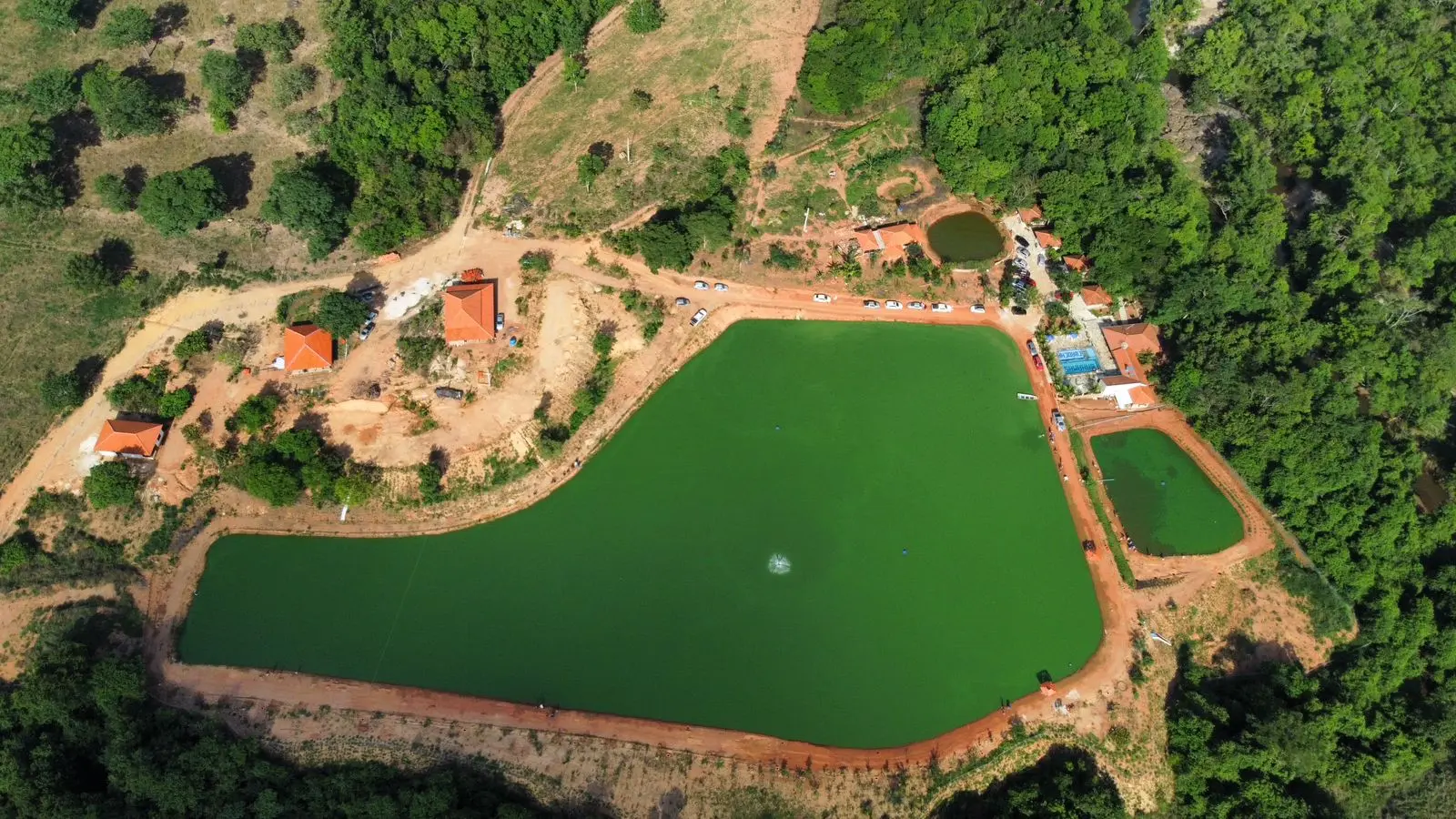 Vista aérea da represa do Pesque Pague Estância Bahamas, cercada de mata, em Pirenópolis
