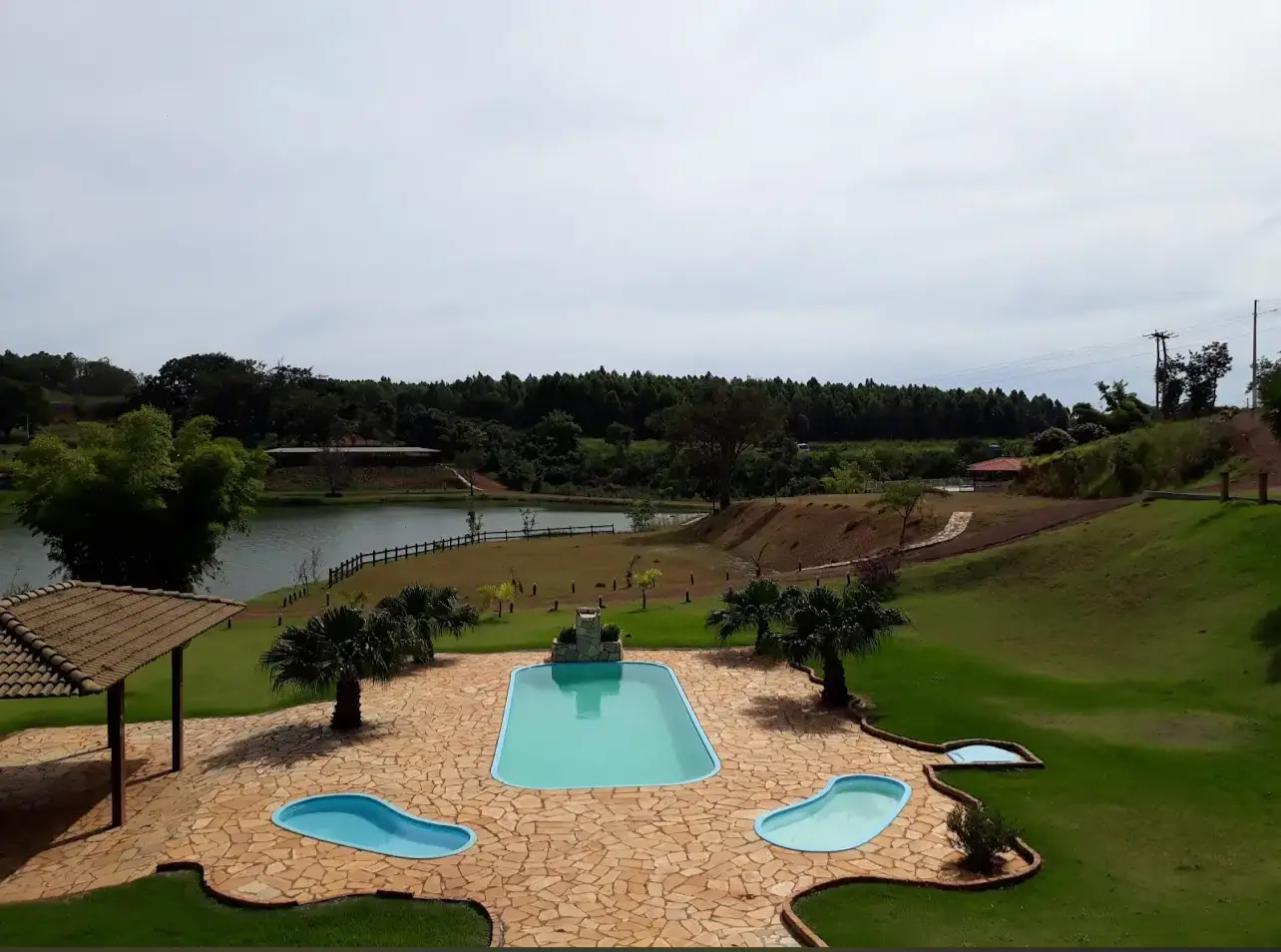 Área de piscinas com um lago e mata de eucalipto ao fundo no Pesque Pague Resenha do Peixe