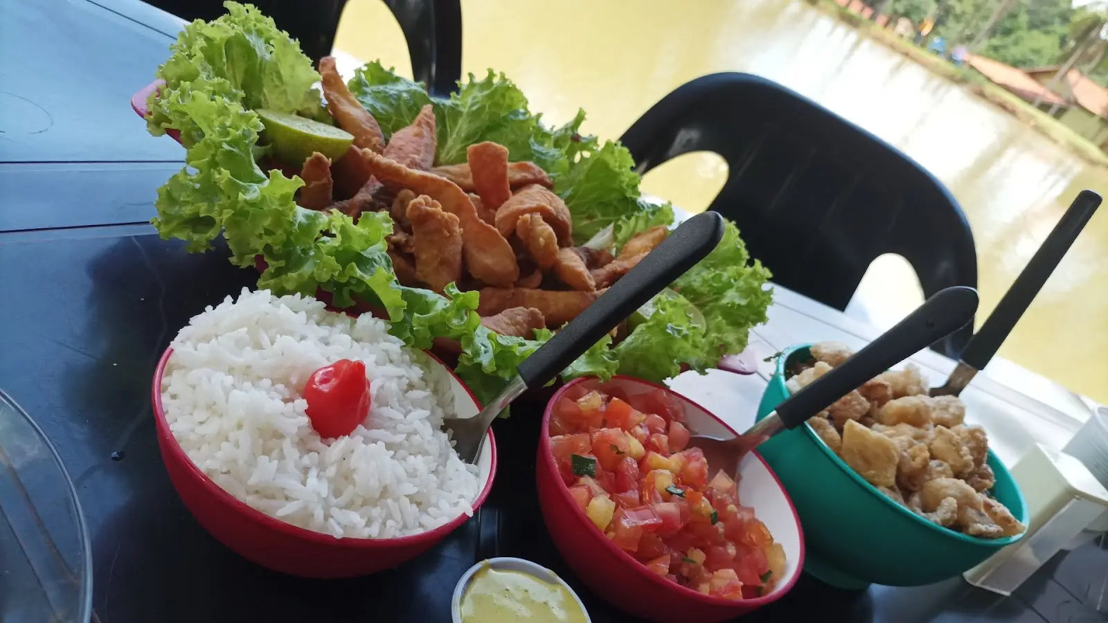 Prato de peixe frito com arroz e vinagrete numa mesa de frente para o lago do Pesque e Pague Coqueiros