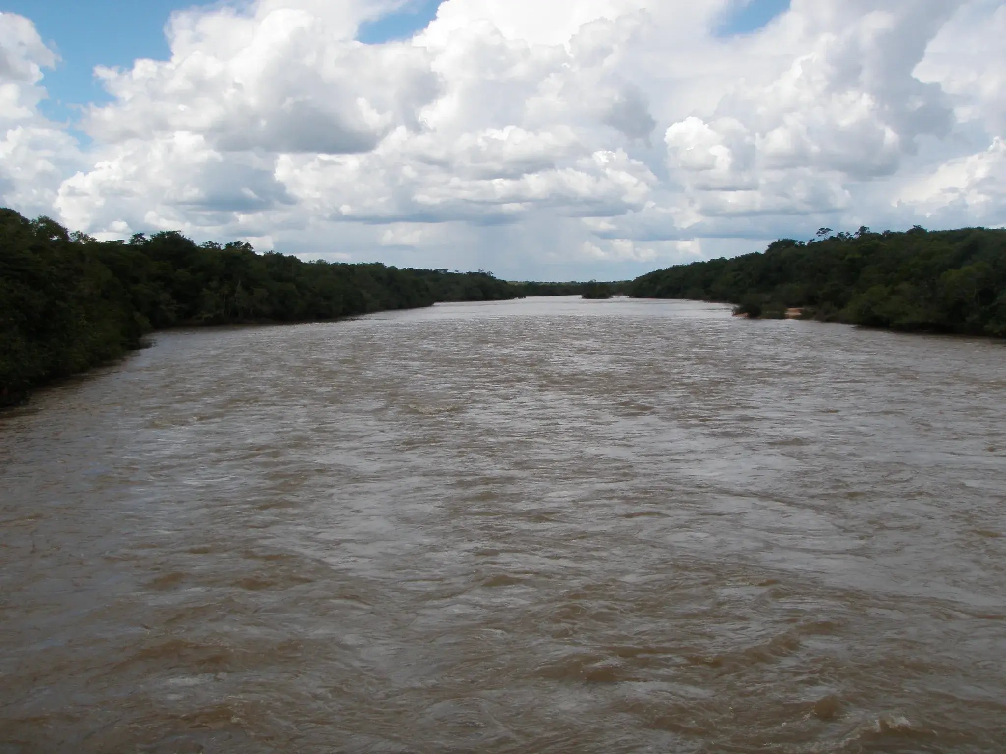 Rio Curisevo largo e barrento visto da ponte, com mata nas duas margens e céu com nuvens