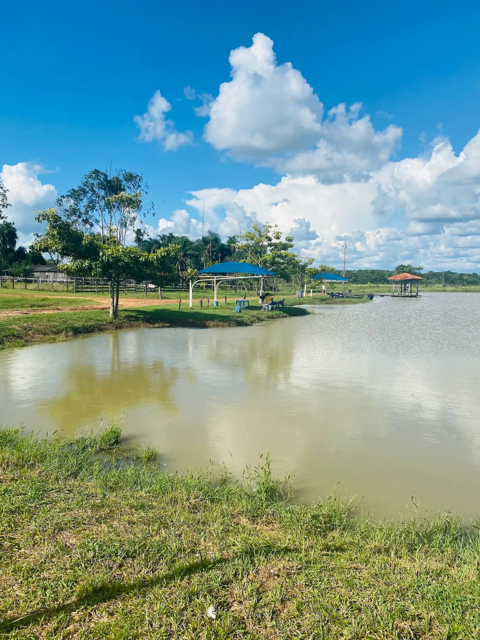 Lago amplo do Pesqueiro Rio Machado com pescadores sob coberturas azuis na margem e um quiosque sobre a água, em Pimenta Bueno