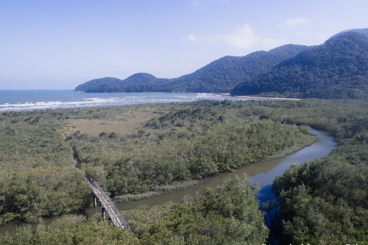 Rio Guaraú desaguando no mar, na Juréia, em Peruíbe