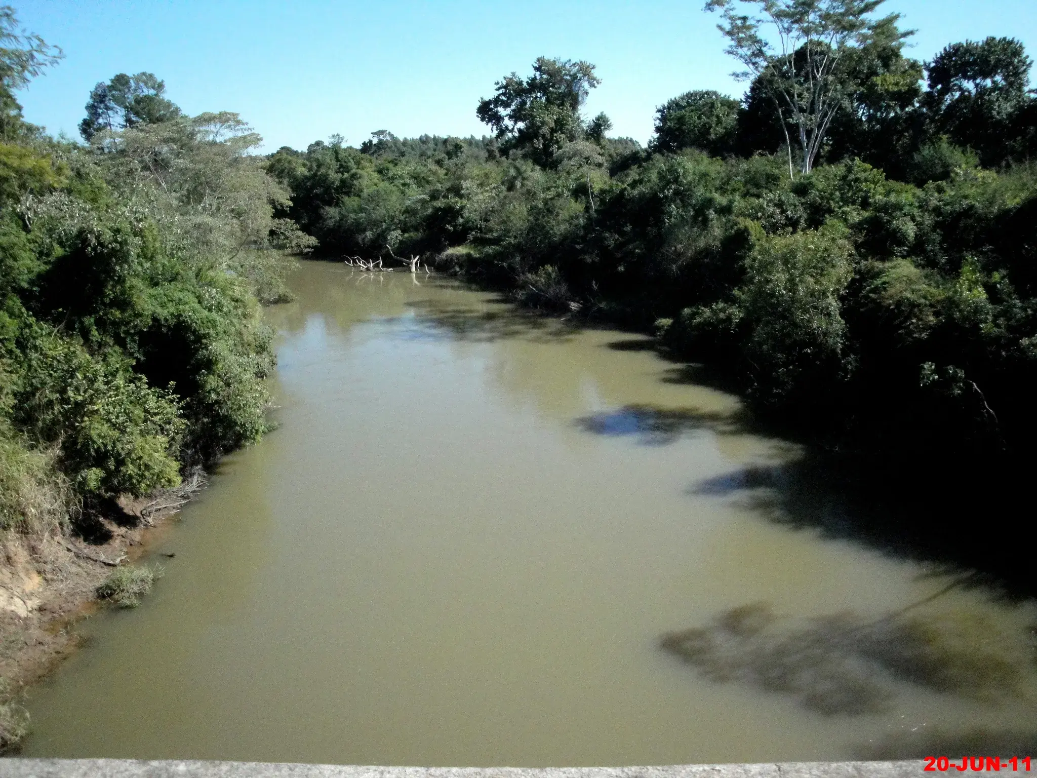 Rio Jaguari-Mirim de águas barrentas entre margens de mata ciliar, visto da ponte da rodovia