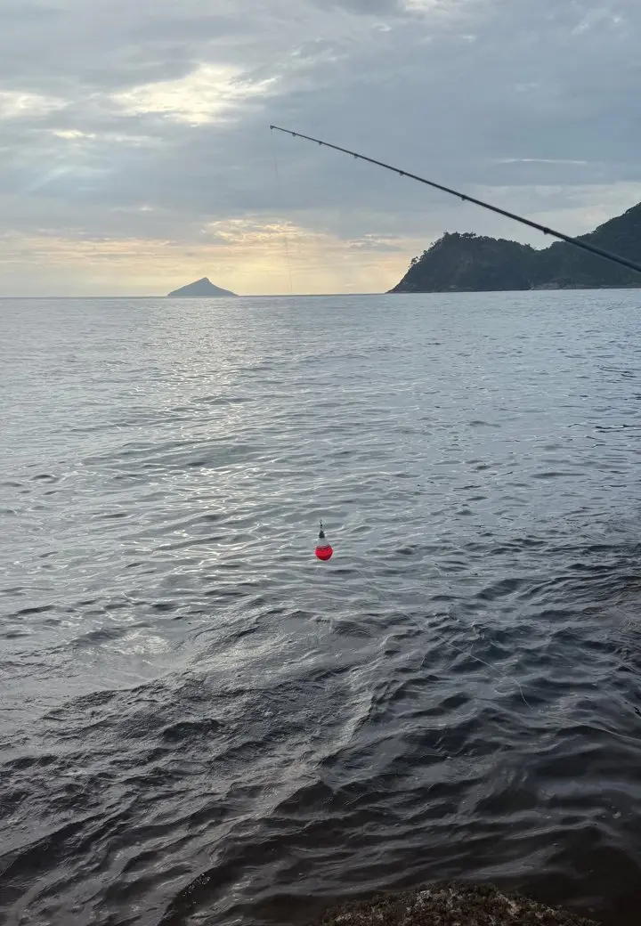 Vara e boia no mar ao entardecer