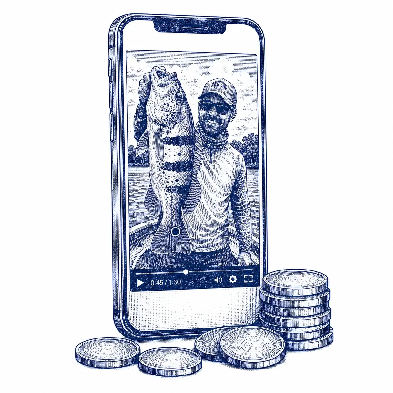 Celular mostrando um vídeo de pesca, com moedas ao lado