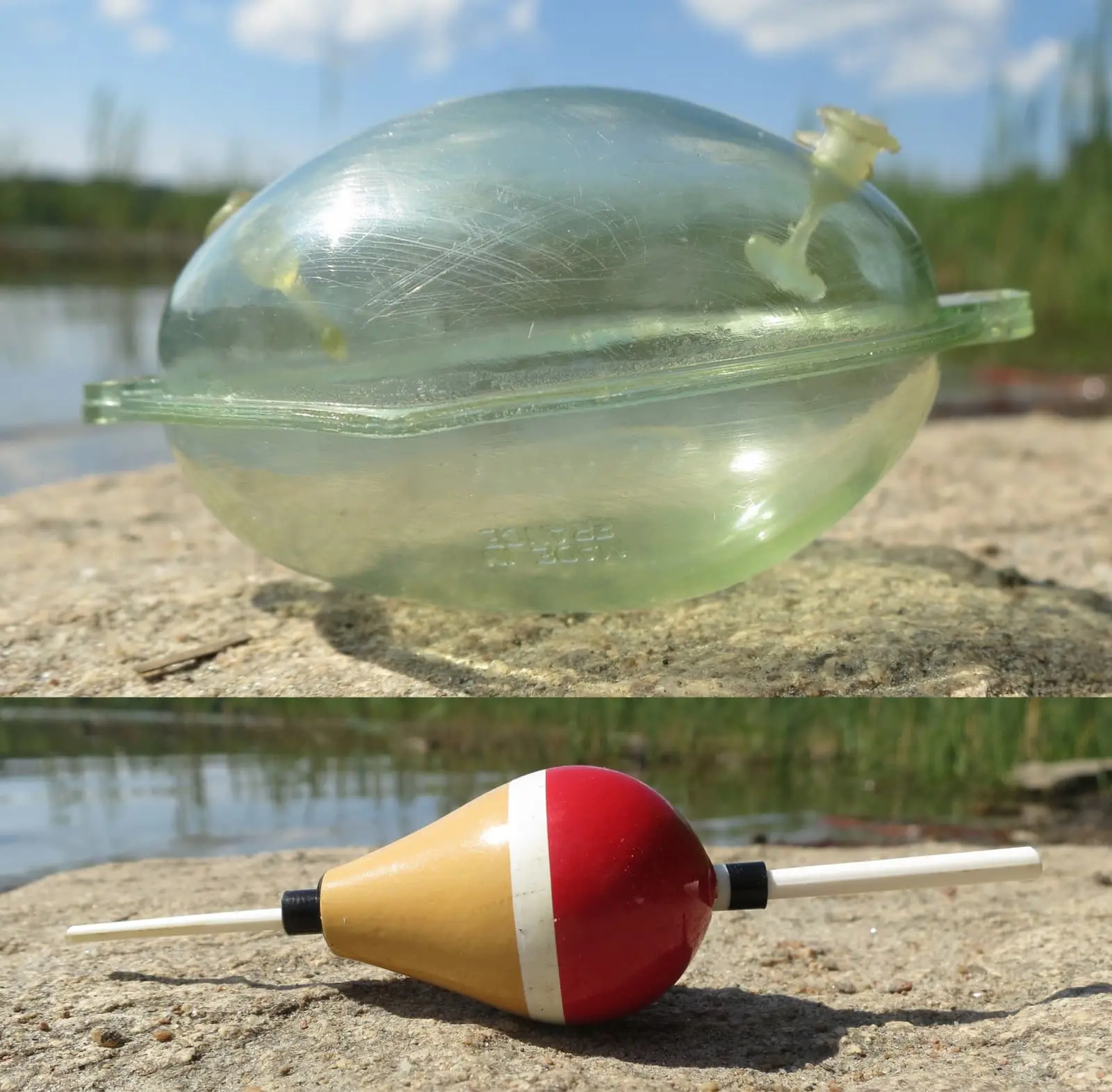 Dois modelos de boias de pesca coloridas posicionadas lado a lado