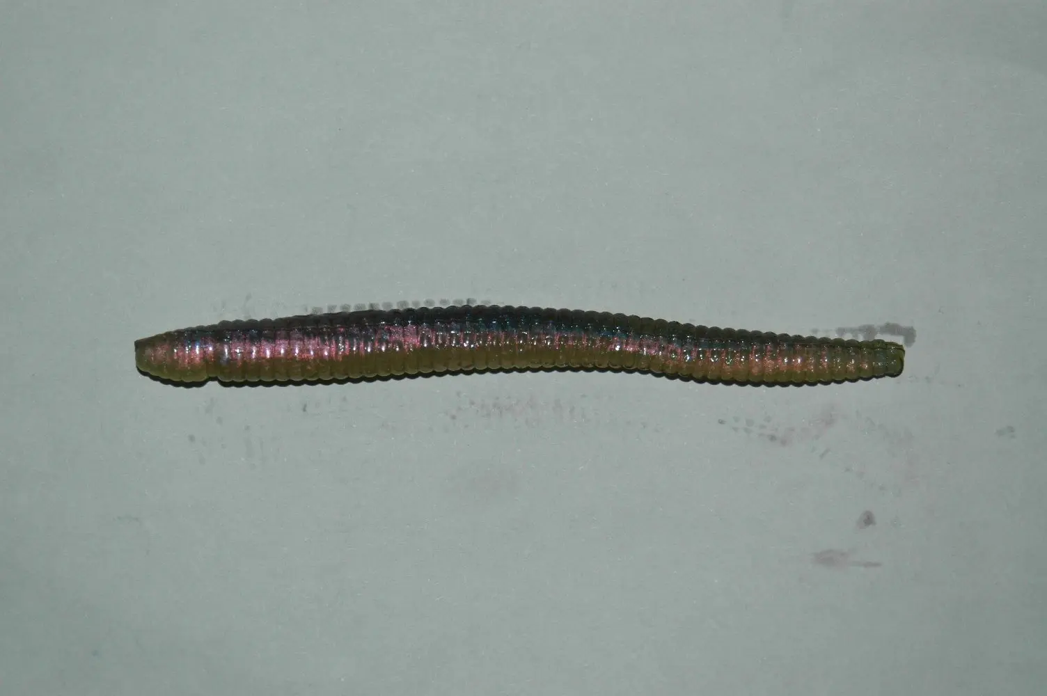 Minhoca de silicone reta, do tipo usado no wacky rig, sobre fundo cinza